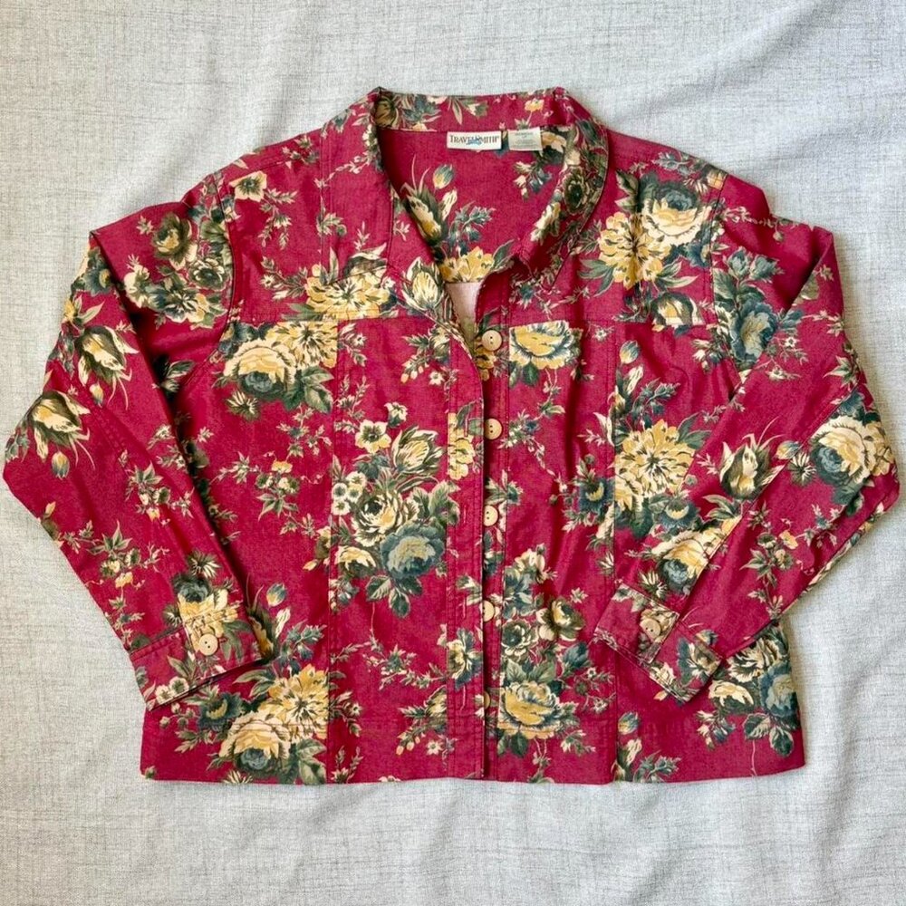 Travel Smith red floral lightweight button up cotton jacket - Large Petite (LP)